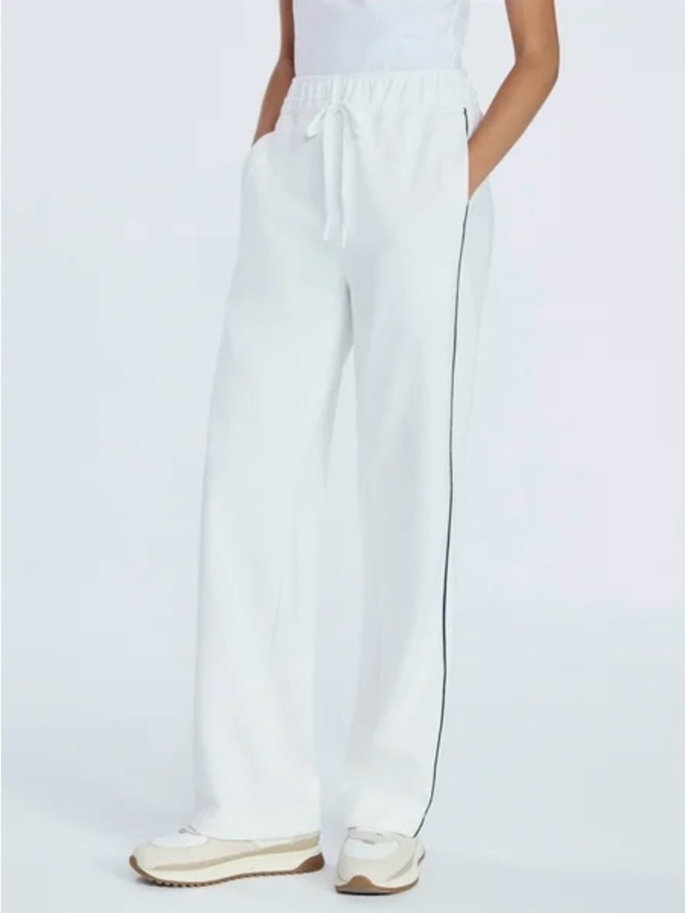 Women’s White Wide-Leg Drawstring Track Pants with Side Piping